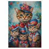 Charming Bengal Cat Mother and Three Kittens in Patriotic Hats with Stars and Bows on a Playful Colorful Background on Ready to Hang 1.5" Thick Canvas Wrap, Floating Framed Canvas, Flat Rolled Canvas